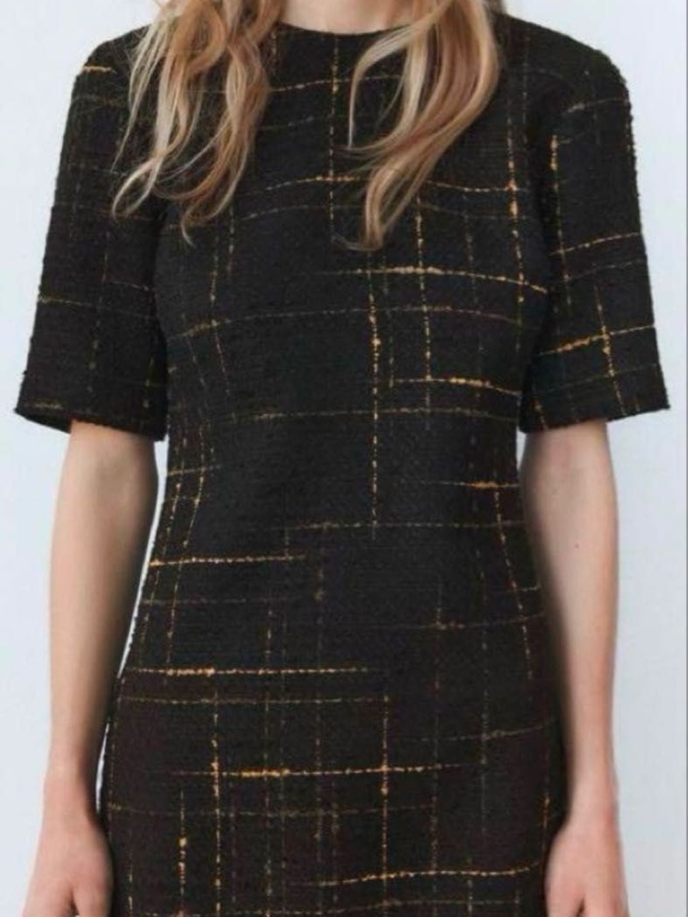 Zara Black Tweed Midi Dress with Gold Windowpane